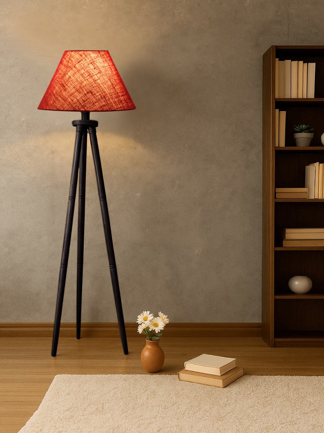 Ambika Home Maroon Shade Wooden Tripod Floor Lamp for Living Room, Bedroom & Hotel Decor | E27 Holder Included Bulb - Image 2