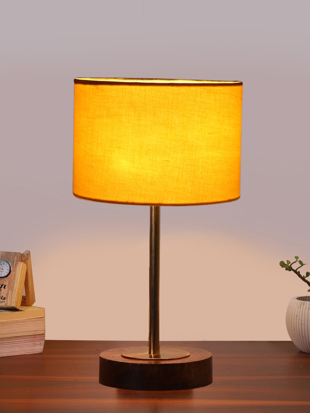 Ambika Home Luxury Premium Devansh Yellow cotton table lamp with Brown wood Base & Golden finish Metal (7X17 inches)-6 Lamp with Yellow Shade for Living Room, Bedroom & Hallway - Image 2