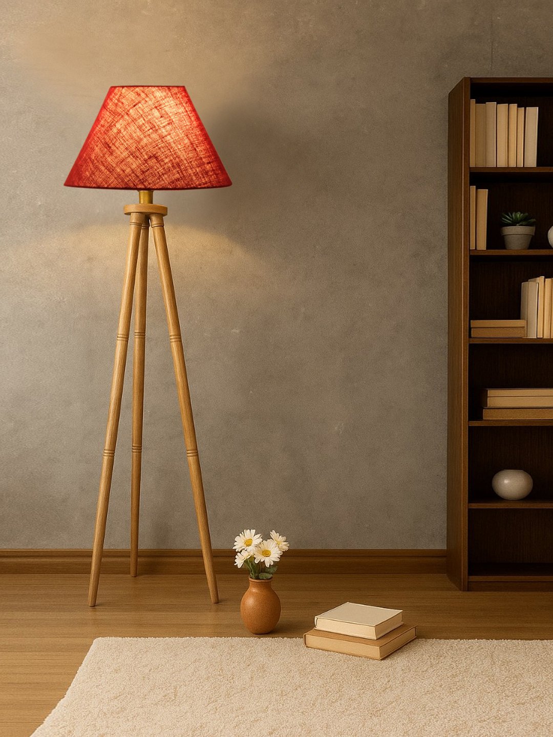 Maroon Jute Conical Shade Wooden Tripod Floor Lamp for Living Room, Bedroom & Hotel Decor | Modern Standing Lamp with Natural Wood Base, E27 Holder, Ambient Lighting & Premium Home Decor - Image 3