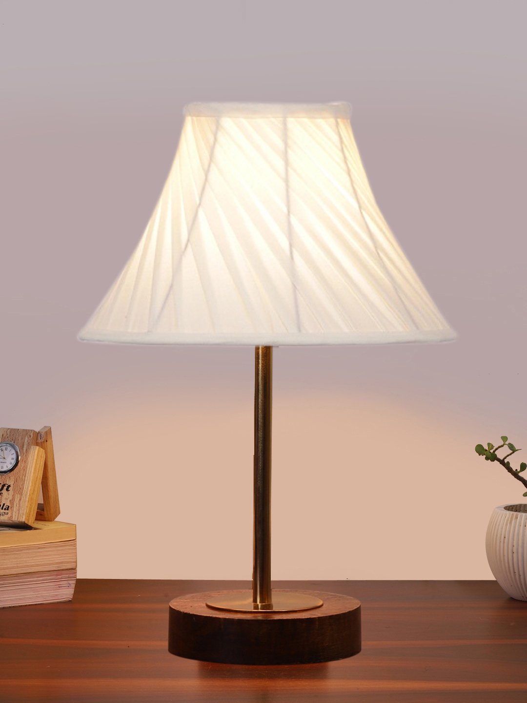 Ambika Home Luxury Premium Devansh Off-white cotton Vintage Cross Pleated lamp with Brown wood Base & Golden finish Metal (12x17.75) Lamp with off-white Shade for Living Room, Bedroom & Hallway - Image 2