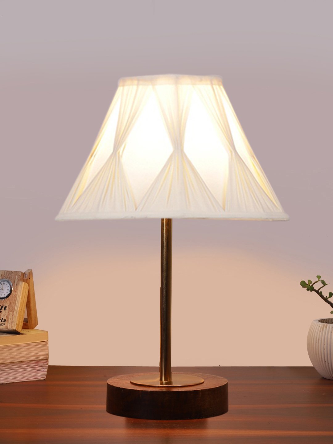 Ambika Home Luxury Premium Devansh Off-white cotton Vintage Curtain Pleated lamp with Brown wood Base & Golden finish Metal (12x17.75) Lamp with off-white Shade for Living Room, Bedroom & Hallway - Image 2