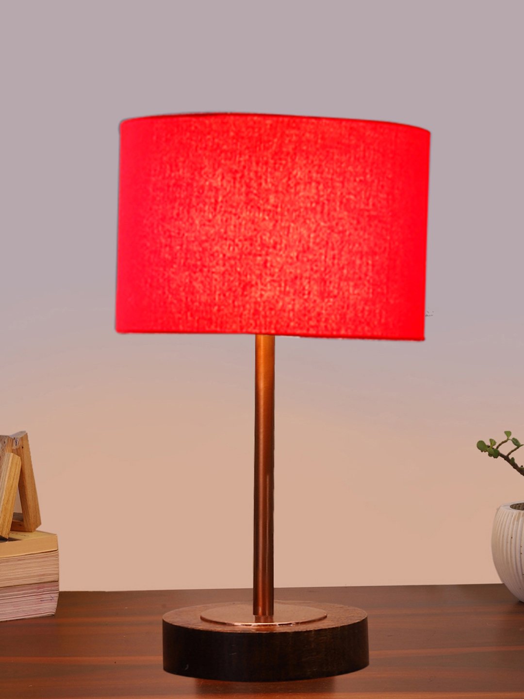 Ambika Home Luxury Premium Devansh Red cotton table lamp with Brown wood Base & Copper finish Metal (7X17 inches)-4 Lamp with Red Shade for Living Room, Bedroom & Hallway - Image 2