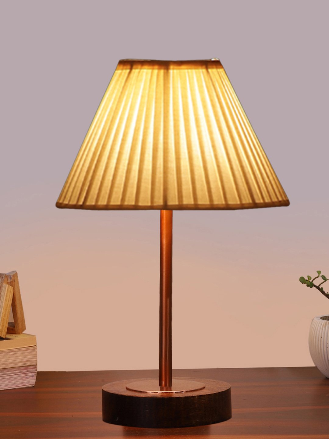 Ambika Home Luxury Premium Devansh Off-white cotton Vintage Straight Pleated lamp with Brown wood Base & Copper finish Metal (12x19) Lamp with off-white Shade for Living Room, Bedroom & Hallway - Image 2