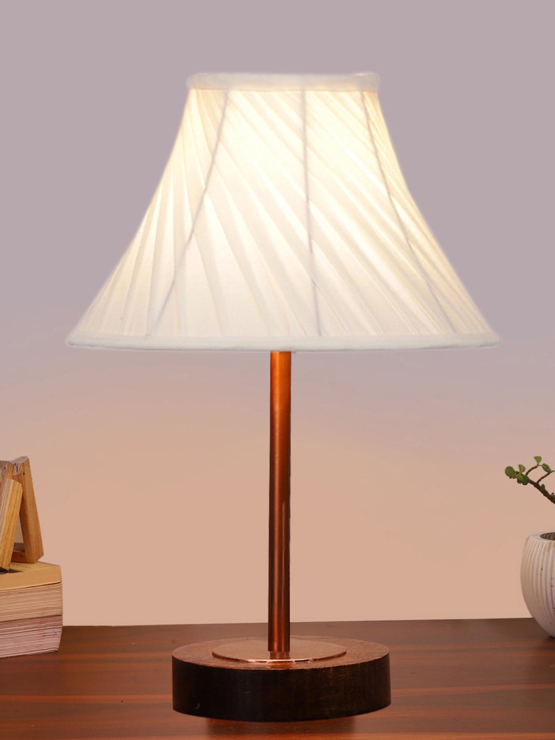 Ambika Home Luxury Premium Devansh Off-white cotton Vintage Cross Pleated lamp with Brown wood Base & Copper finish Metal (12x17.75) Lamp with off-white Shade for Living Room, Bedroom & Hallway - Image 2