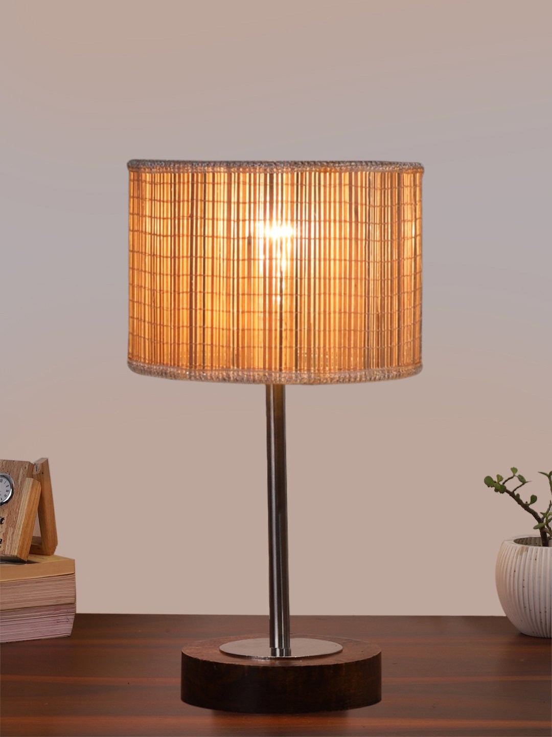 Ambika Home Luxury Premium Devansh Bamboo table lamp with Brown wood Base & Steel Pipe -(7X17 inches)-1 Lamp with Beige Shade for Living Room, Bedroom & Hallway - Image 2