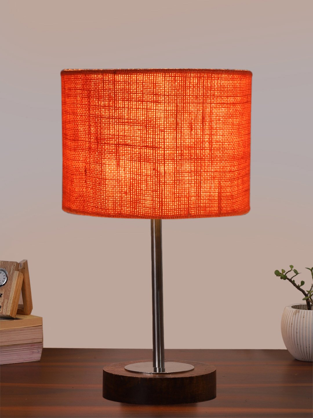 Ambika Home Luxury Premium Devansh Orange Jute table lamp with Brown wood Base & Steel Pipe (7X17 inches)-17 Lamp with Orange Shade for Living Room, Bedroom & Hallway - Image 2