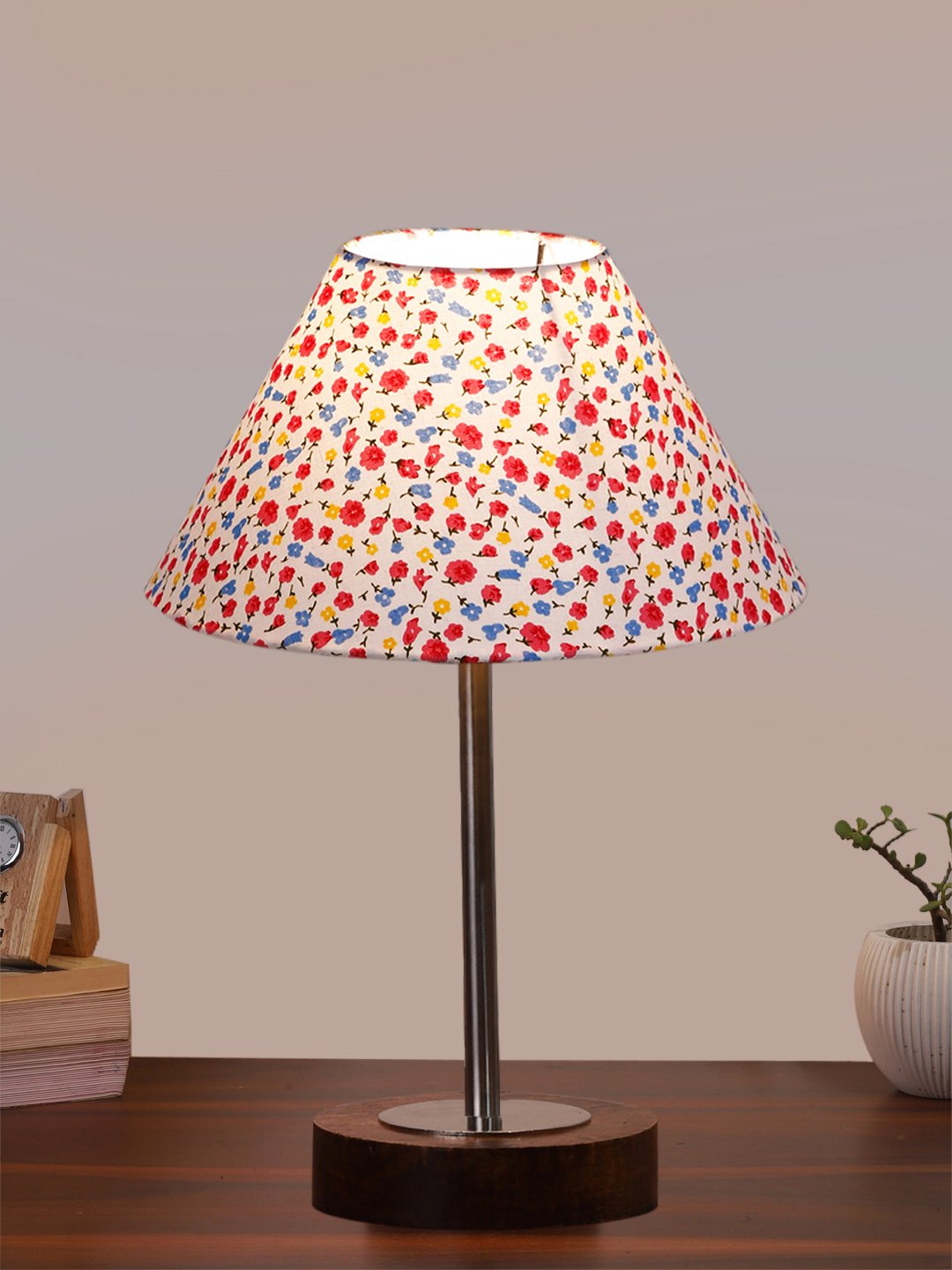 Ambika Home Luxury Premium Devansh Multicolor cotton table lamp with Brown wood Base & Steel Pipe (10X16.25 inches)-40 Lamp with Multi Shade for Living Room, Bedroom & Hallway - Image 2
