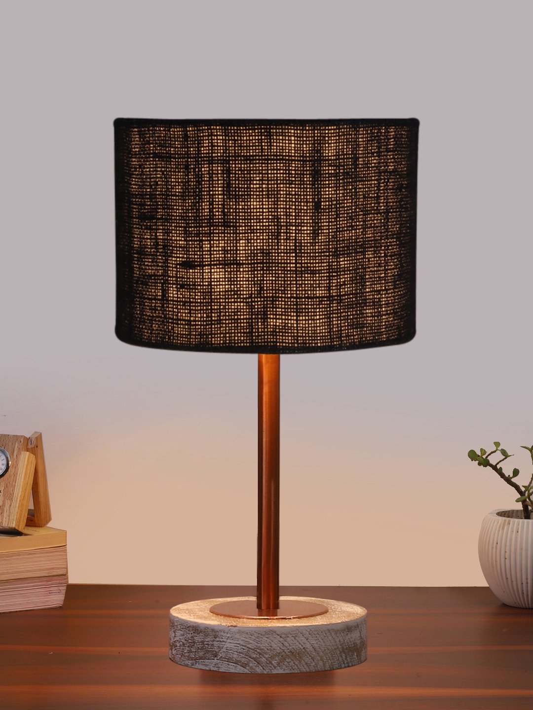 Ambika Home Luxury Premium Devansh Black Jute table lamp with White Brushed Wood Base & Copper finish Metal (7X17 inches)-17 Lamp with Black Shade for Living Room, Bedroom & Hallway - Image 2