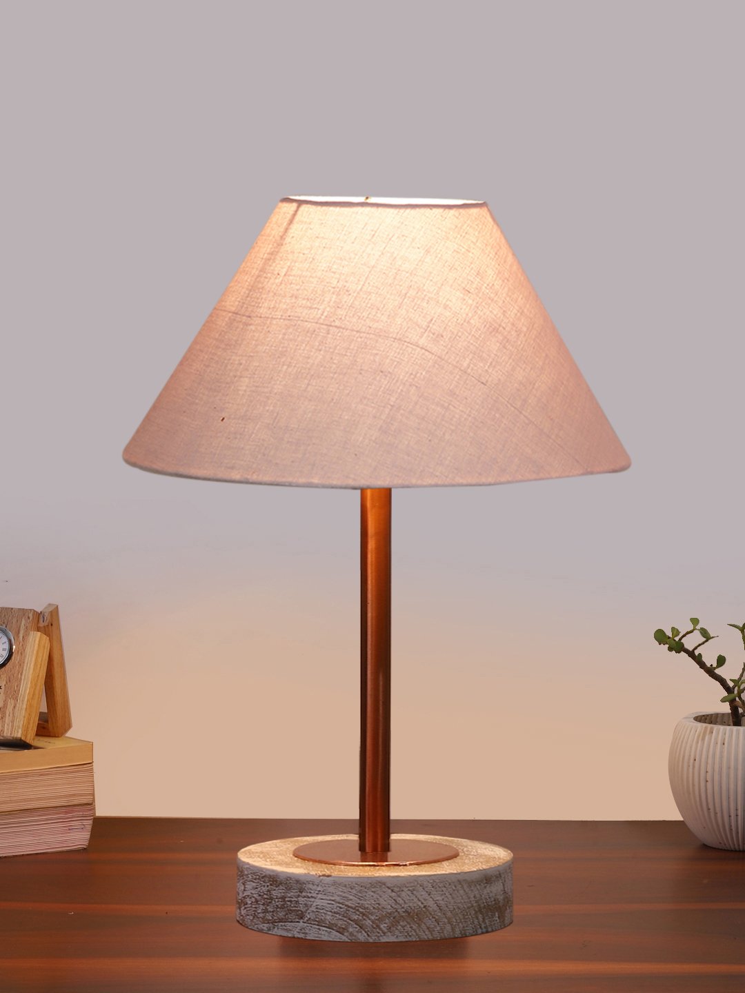 Ambika Home Luxury Premium Devansh Grey cotton table lamp with White Brushed Wood Base & Copper finish Metal (10X16.25 inches)-32 Lamp with Grey Shade for Living Room, Bedroom & Hallway - Image 2