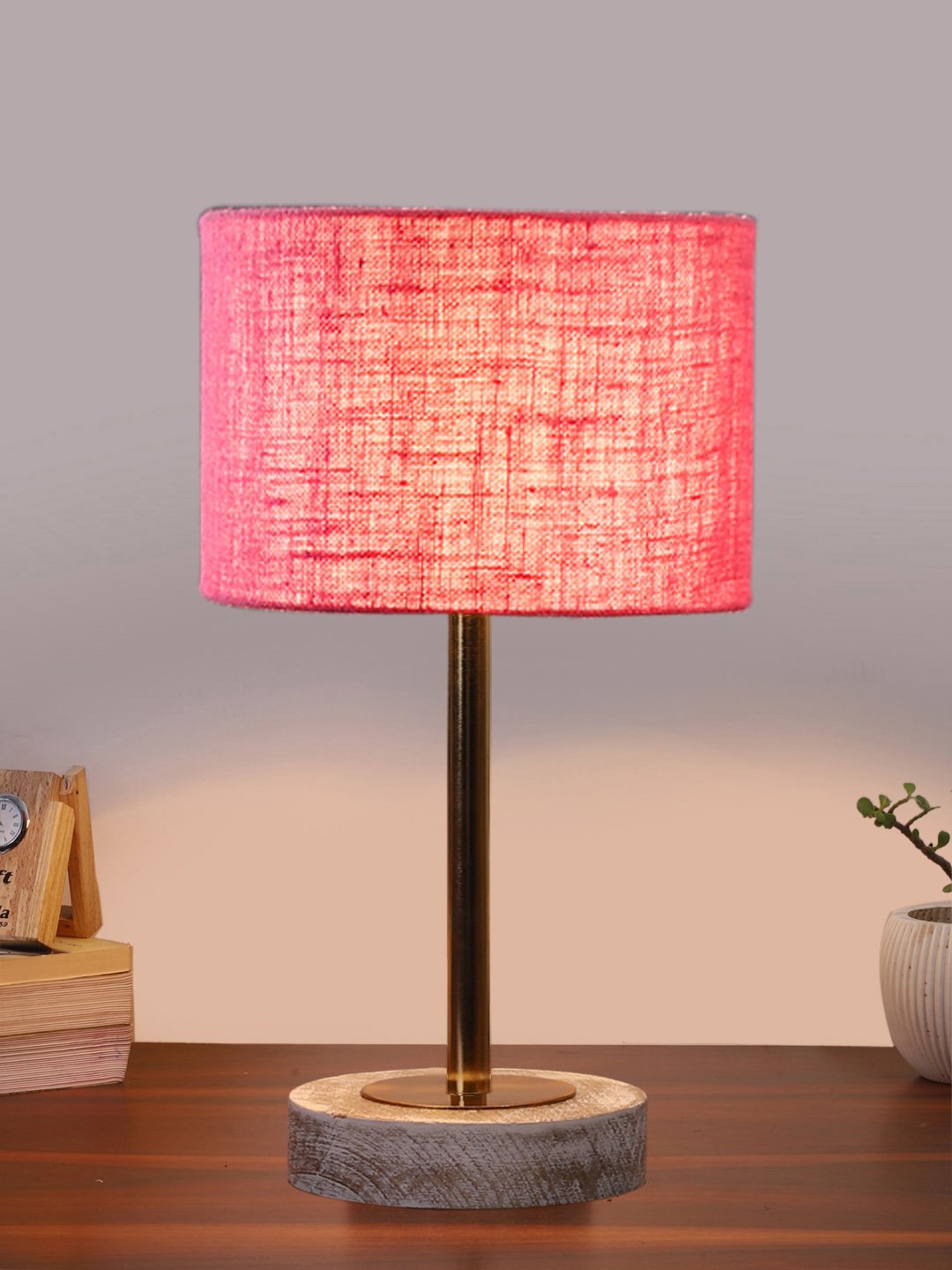 Ambika Home Luxury Premium Devansh Pink Jute table lamp with White Brushed Wood Base & Steel Pipe (7X17 inches)-11 Lamp with Pink Shade for Living Room, Bedroom & Hallway - Image 2