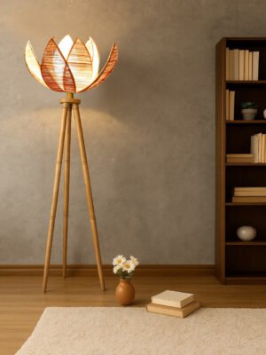 Beige Bamboo Rose Shade Wooden Tripod Floor Lamp for Living Room, Bedroom & Hotel Decor | Modern Standing Lamp with Natural Wood Base, E27 Holder, Ambient Lighting & Premium Home Decor