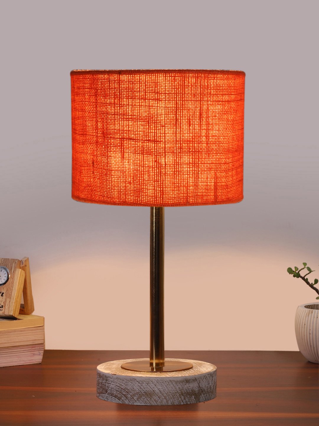 Ambika Home Luxury Premium Devansh Orange Jute table lamp with White Brushed Wood Base & Steel Pipe (7X17 inches)-17 Lamp with Orange Shade for Living Room, Bedroom & Hallway - Image 2