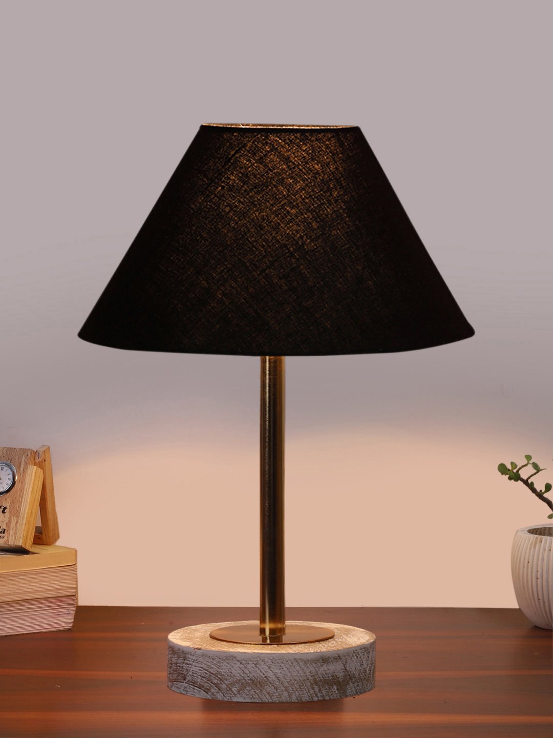 Ambika Home Luxury Premium Devansh Black cotton table lamp with White Brushed Wood Base & Steel Pipe (10X16.25 inches)-28 Lamp with Black Shade for Living Room, Bedroom & Hallway - Image 2