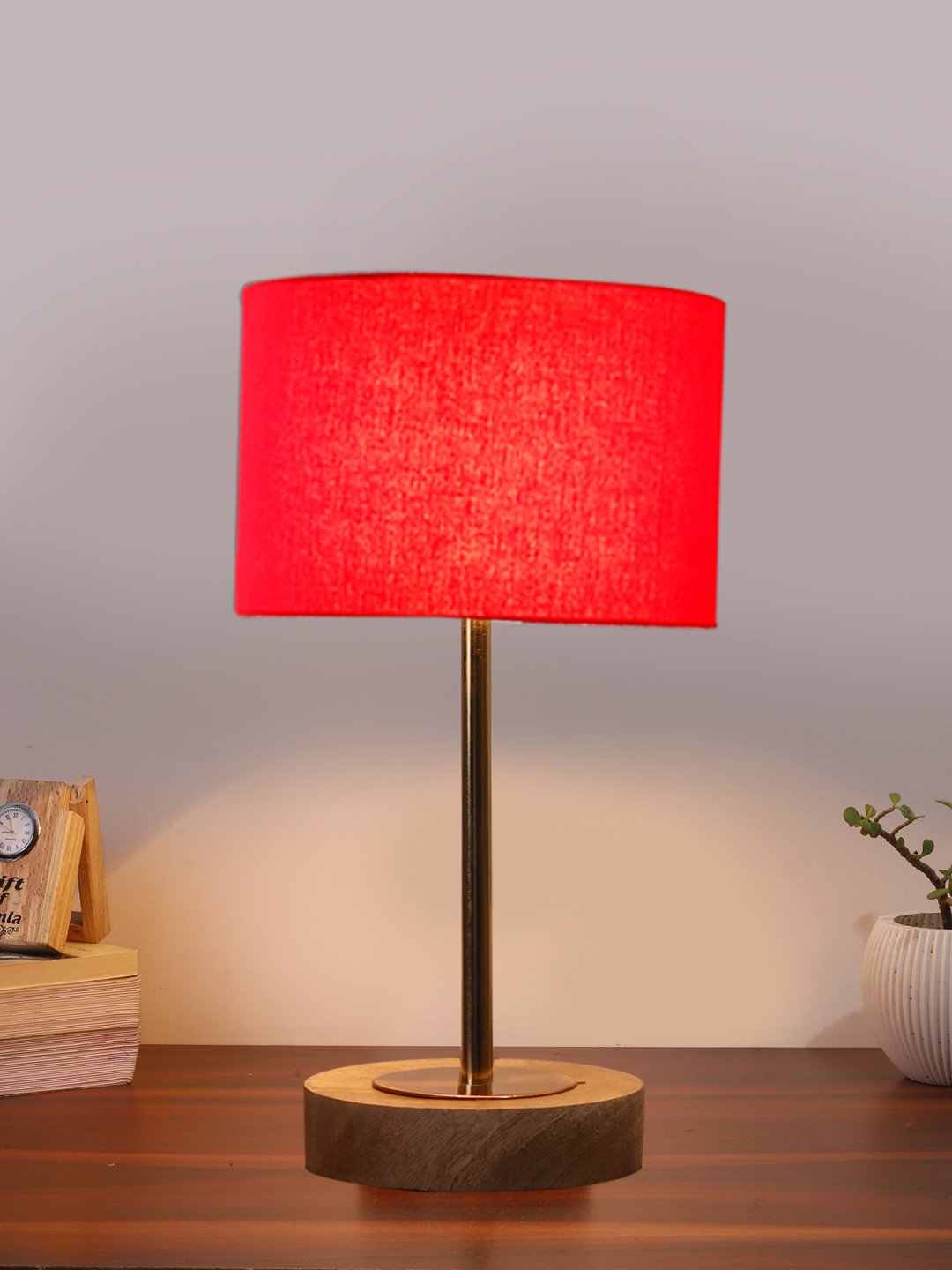 Ambika Home Luxury Premium Devansh Red cotton table lamp with Natural Wood Base & Golden Pipe (7X17 inches)-4 Lamp with Red Shade for Living Room, Bedroom & Hallway - Image 2