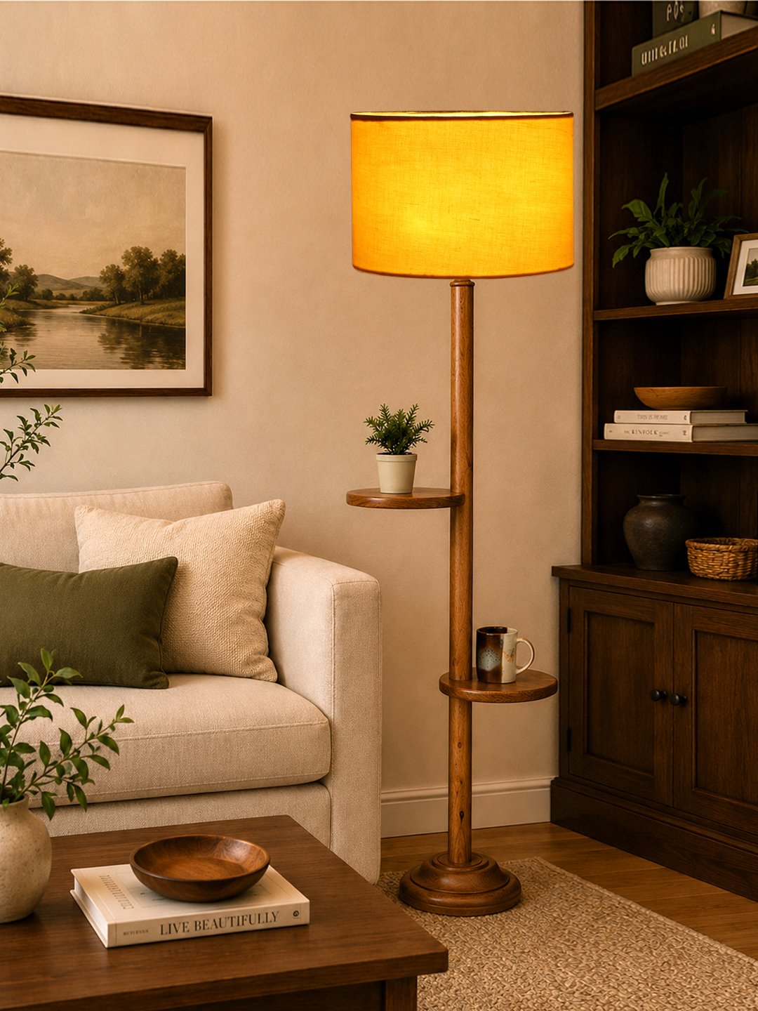Ambika Home Yellow cotton Drum shade with Double Shelf floor Lamp Modern Floor Lamp | Yellow Cotton Shade, Wood Base | Luxury Living Room, Bedroom & Home Decor Lighting - Image 3