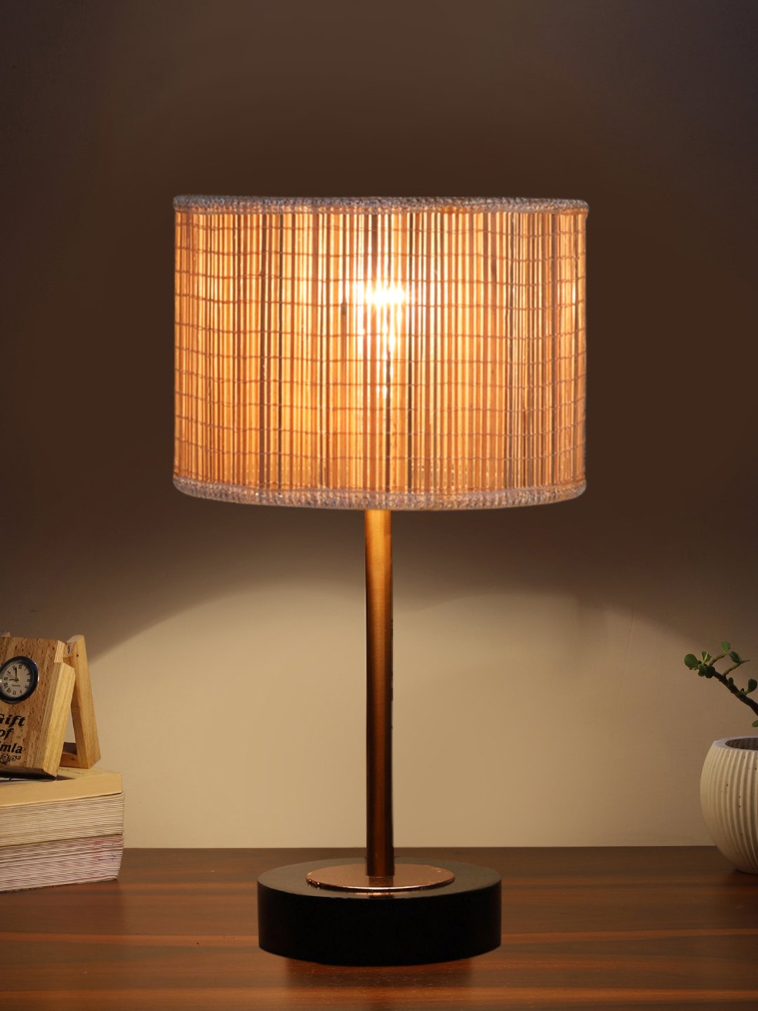 Ambika Home Luxury Premium Devansh Bamboo table lamp with Black wood base & Copper finish Metal -(7X17 inches)-1 Lamp with Beige Shade for Living Room, Bedroom & Hallway - Image 3