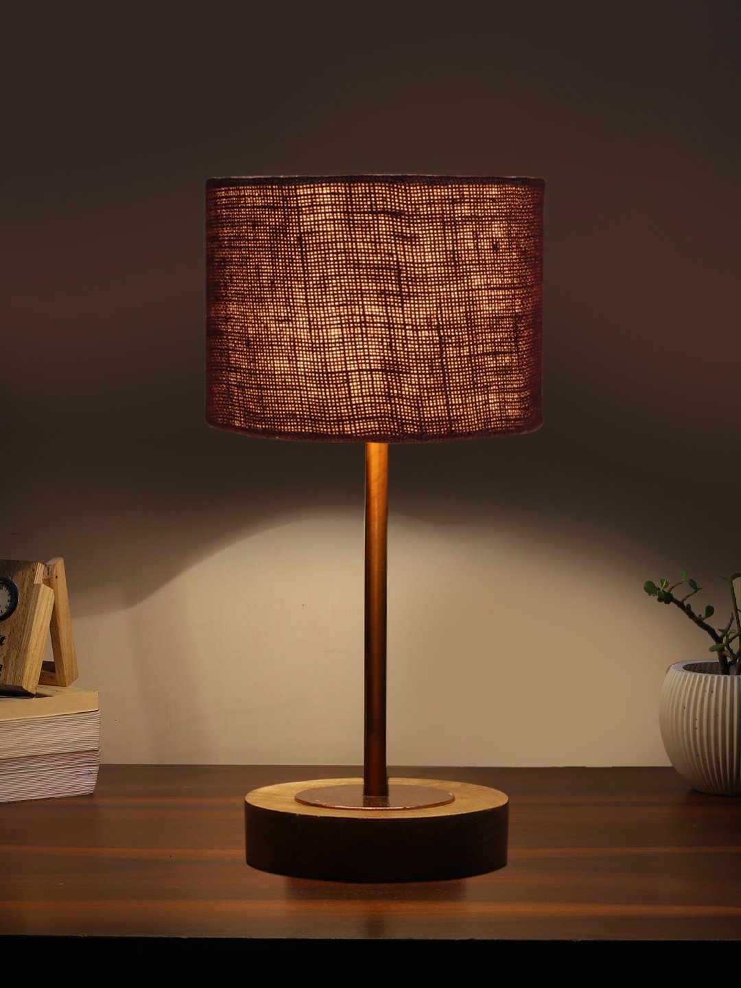 Ambika Home Luxury Premium Devansh Brown Jute table lamp with Natural Wood Base & Copper Pipe (7X17 inches)-17 Lamp with Brown Shade for Living Room, Bedroom & Hallway - Image 3