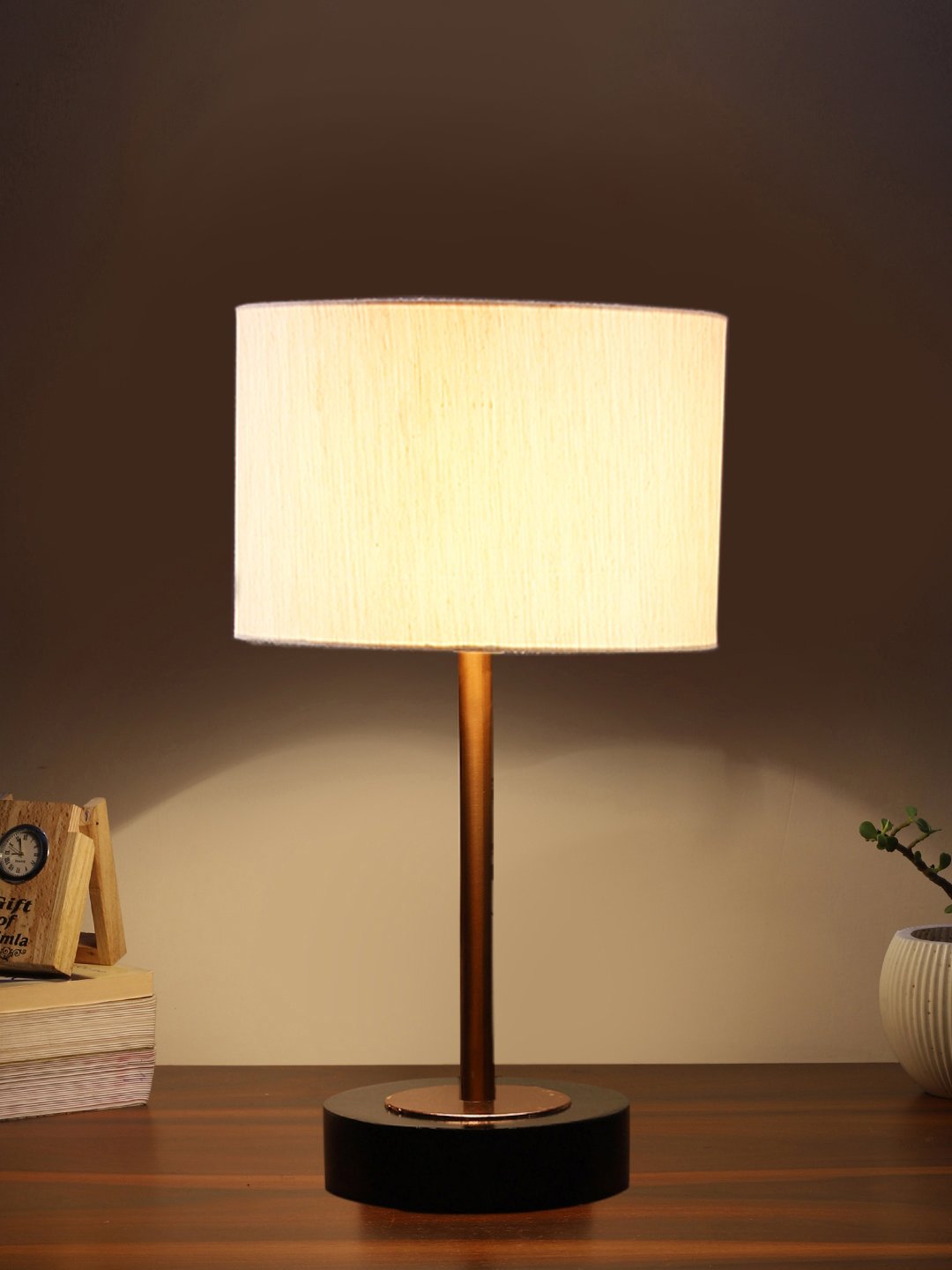 Ambika Home Luxury Premium Devansh off white cotton table lamp with Black wood base & Copper finish Metal (7X17 inches)-2 Lamp with off-white Shade for Living Room, Bedroom & Hallway - Image 3