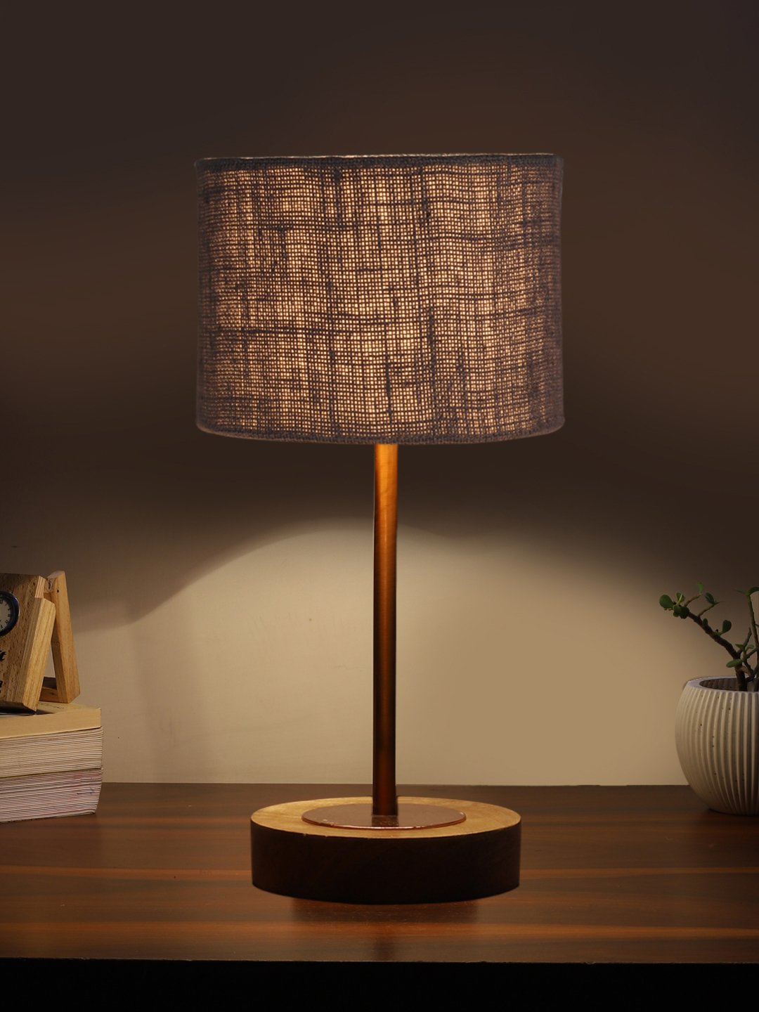 Ambika Home Luxury Premium Devansh Grey Jute table lamp with Natural Wood Base & Copper Pipe (7X17 inches)-17 Lamp with Grey Shade for Living Room, Bedroom & Hallway - Image 3