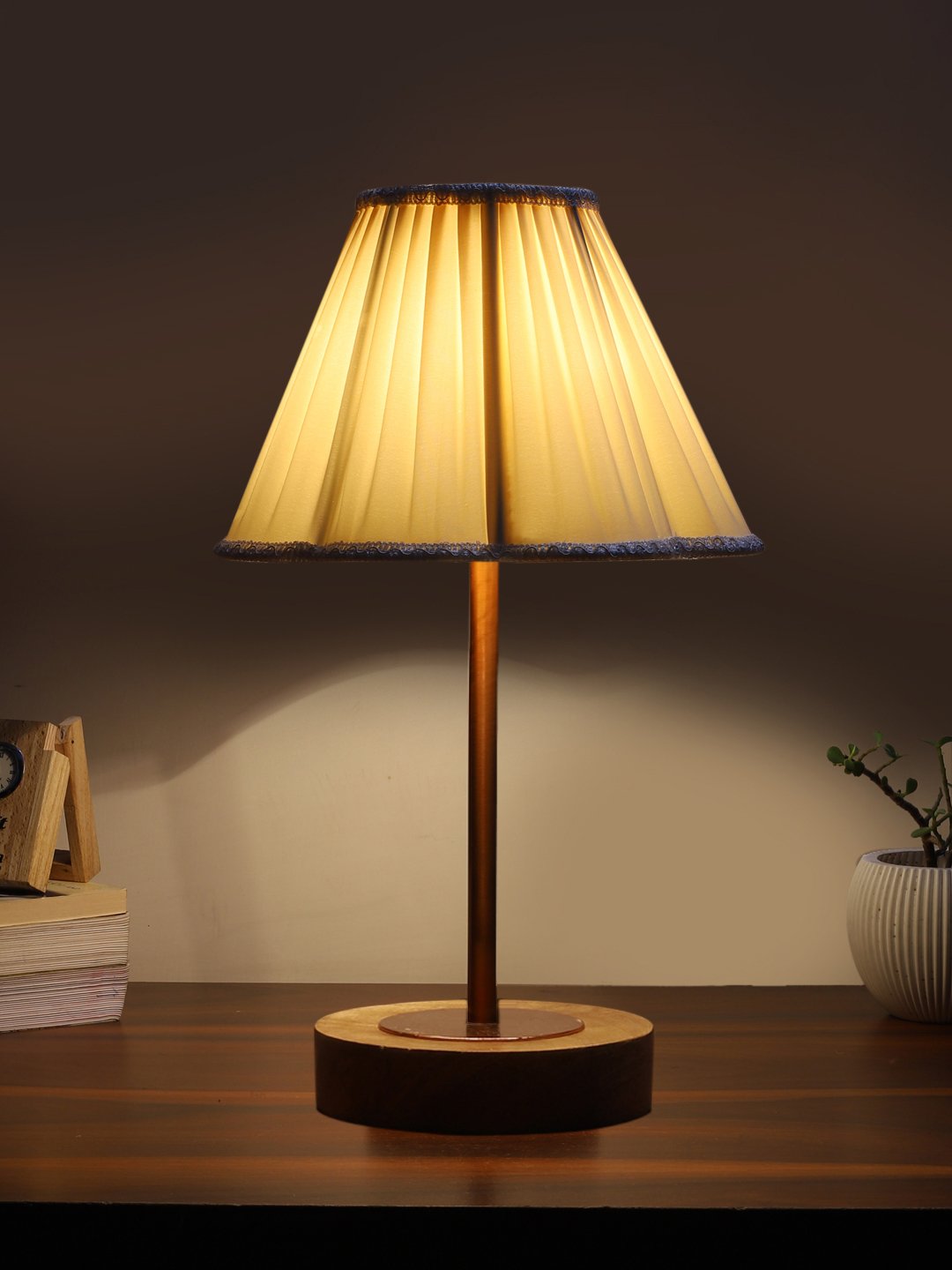 Ambika Home Luxury Premium Devansh Off-white cotton Vintage lamp with Natural Wood Base & Copper Pipe (12x8x19.25) Lamp with Off-white Shade for Living Room, Bedroom & Hallway - Image 3