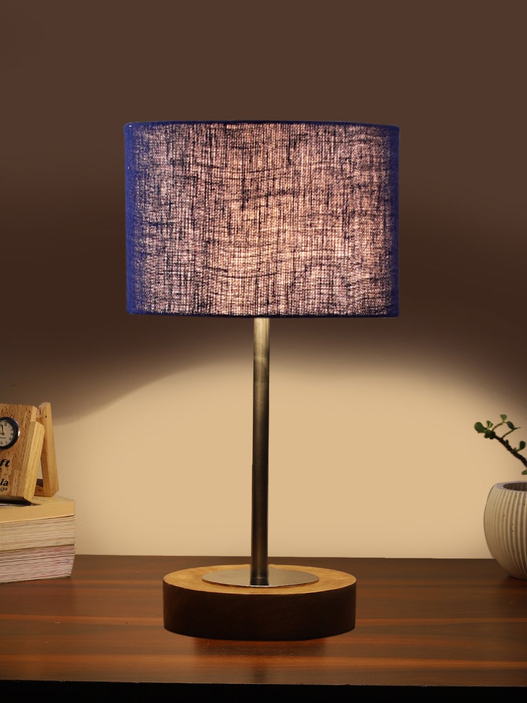 Ambika Home Luxury Premium Devansh Blue Jute table lamp with Natural Wood Base & Steel Pipe (7X17 inches)-13 Lamp with Blue Shade for Living Room, Bedroom & Hallway - Image 3