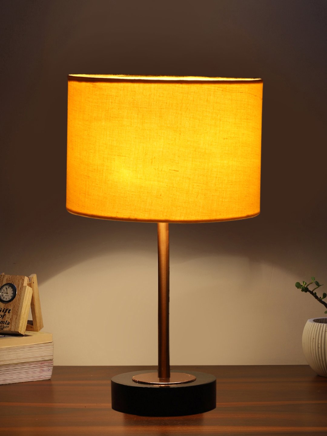 Ambika Home Luxury Premium Devansh Yellow cotton table lamp with Black wood base & Copper finish Metal (7X17 inches)-6 Lamp with Yellow Shade for Living Room, Bedroom & Hallway - Image 3