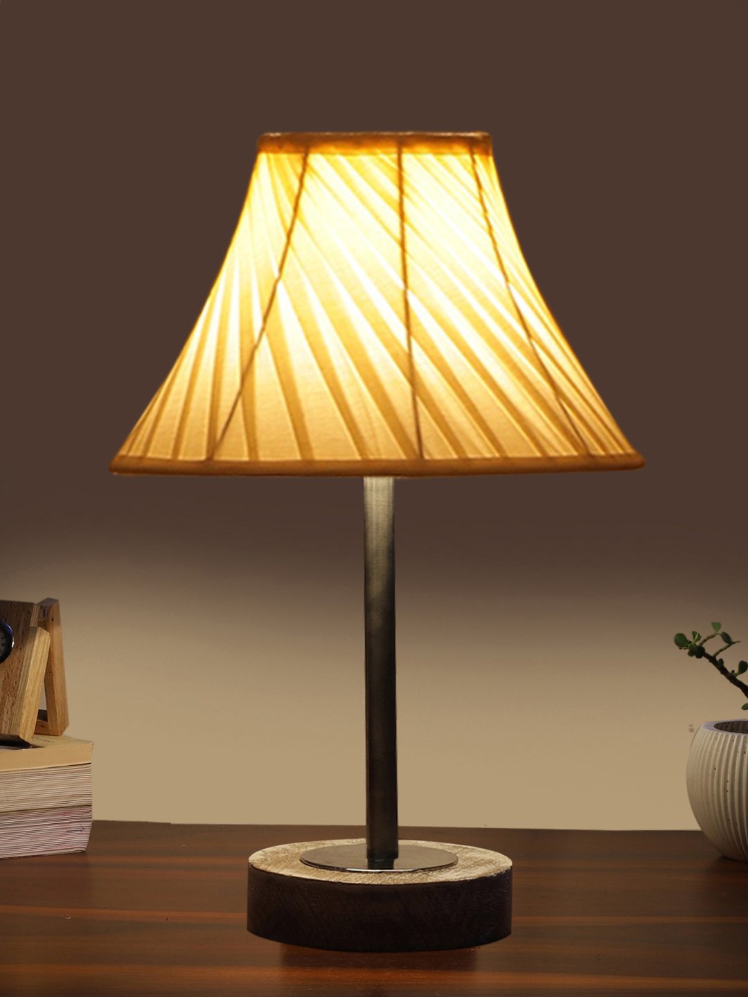 Ambika Home Luxury Premium Devansh Off-white cotton Vintage Cross Pleated lamp with White Brushed Wood Base & Golden finish Metal (12x17.75) Lamp with off-white Shade for Living Room, Bedroom & Hallway - Image 6