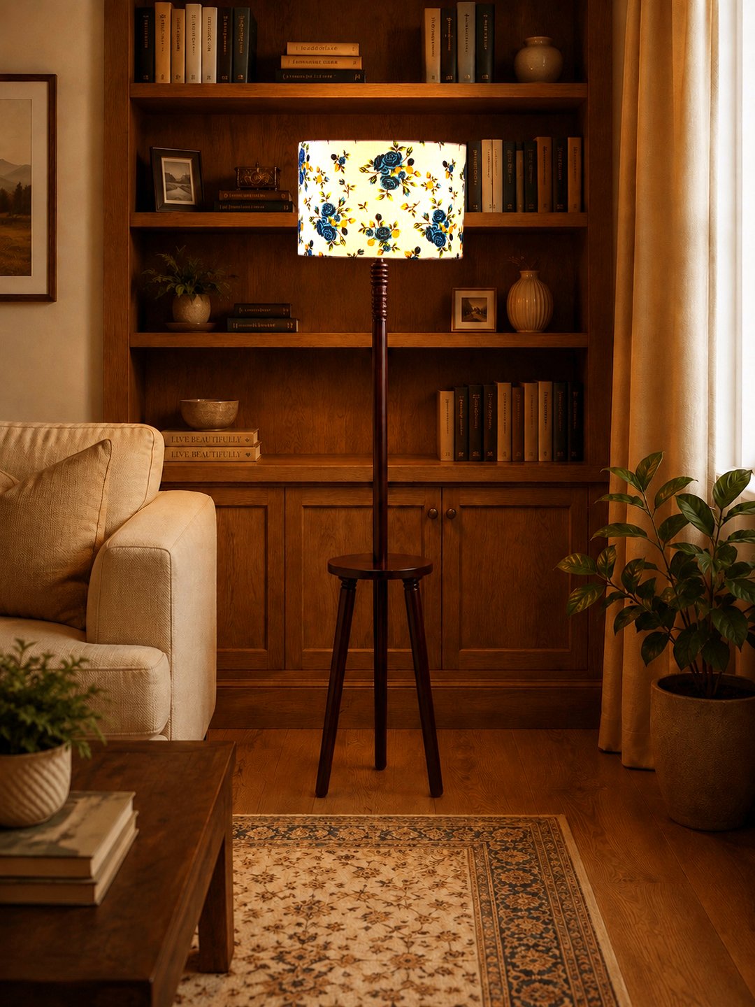 Premium Multi Cotton Shade Floor Lamp with Wooden Shelf Stand for Living Room, Bedroom & Reading Corner | Modern Decorative Standing Lamp | Solid Wood Base | Elegant Home Lighting - Image 4