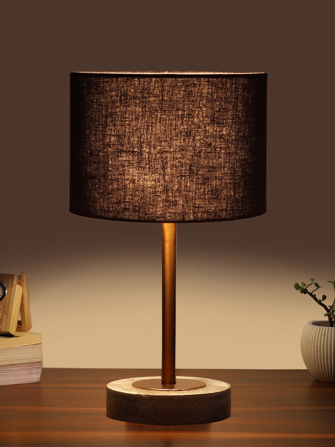Ambika Home Luxury Premium Devansh Black Jute table lamp with Natural Wood Base & Steel Pipe (7X17 inches)-17 Lamp with Black Shade for Living Room, Bedroom & Hallway - Image 3