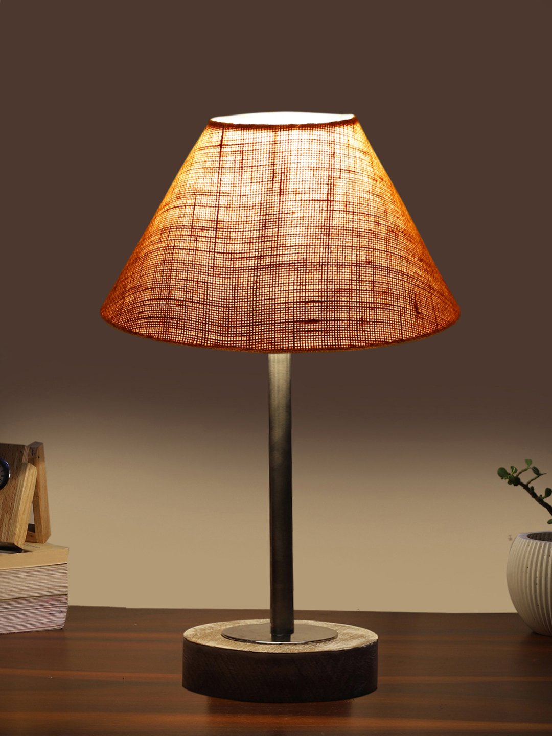 Ambika Home Luxury Premium Devansh Beige Jute table lamp with Black White Brushed Wood Base & Golden finish Metal & Golden finish Metal (10X16.25 inches)-34 Lamp with Beige Shade for Living Room, Bedroom & Hallway - Image 3