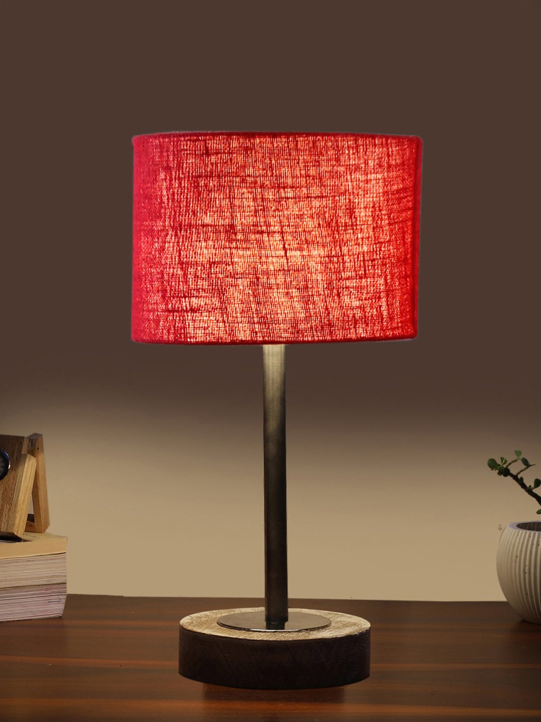 Ambika Home Luxury Premium Devansh Maroon Jute table lamp with g White Brushed Wood Base & Golden finish Metal -(7X17 inches)-12 Lamp with Maroon Shade for Living Room, Bedroom & Hallway - Image 3