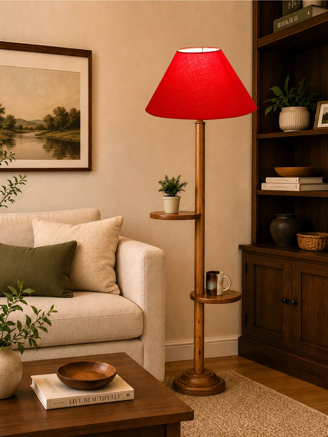 Ambika Home Red cotton Conical shade with Double Shelf floor Lamp Modern Floor Lamp | Red Cotton Shade, Wood Base | Luxury Living Room, Bedroom & Home Decor Lighting - Image 3