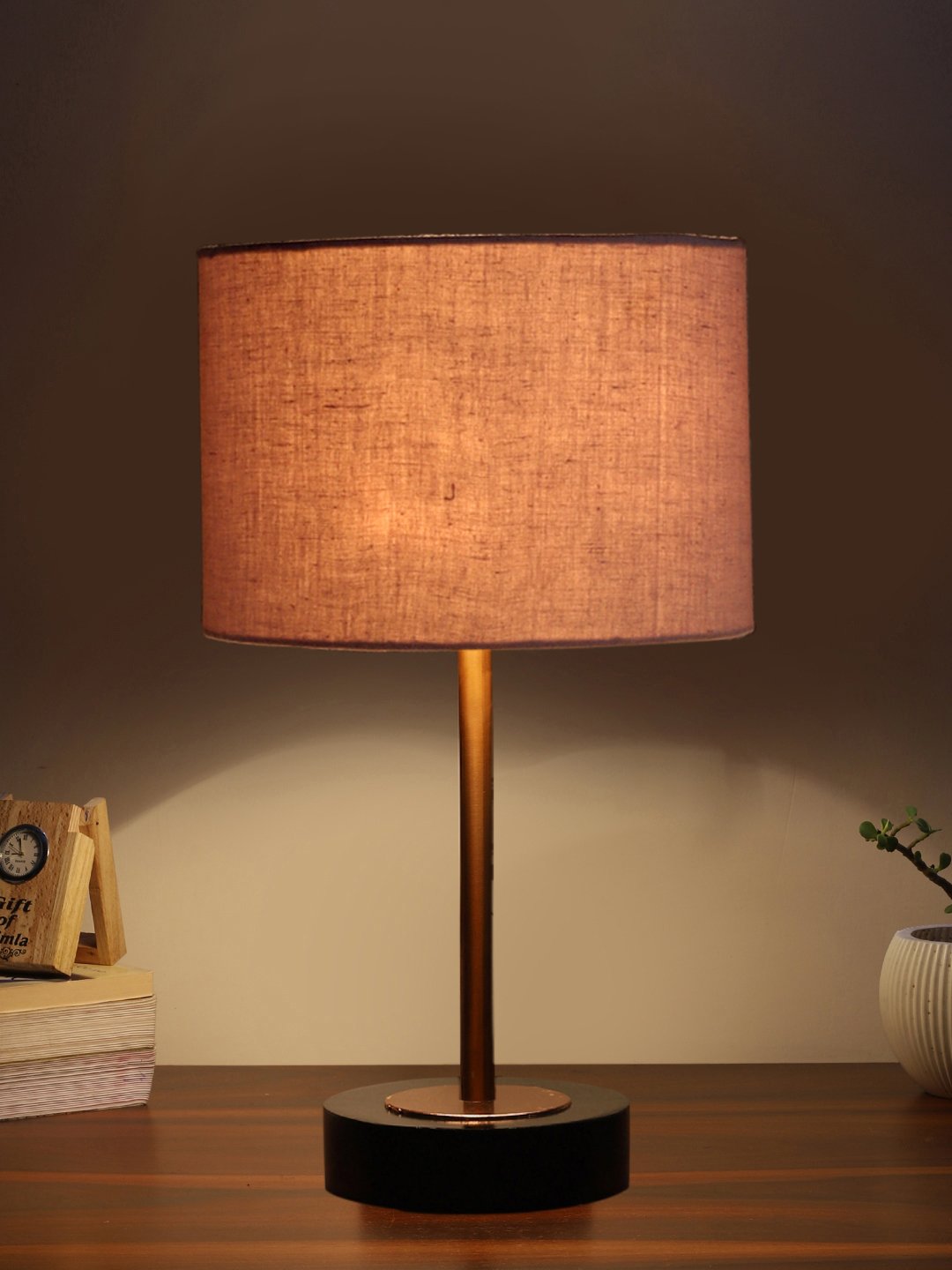 Ambika Home Luxury Premium Devansh Grey cotton table lamp with Black wood base & Copper finish Metal (7X17 inches)-7 Lamp with Grey Shade for Living Room, Bedroom & Hallway - Image 3