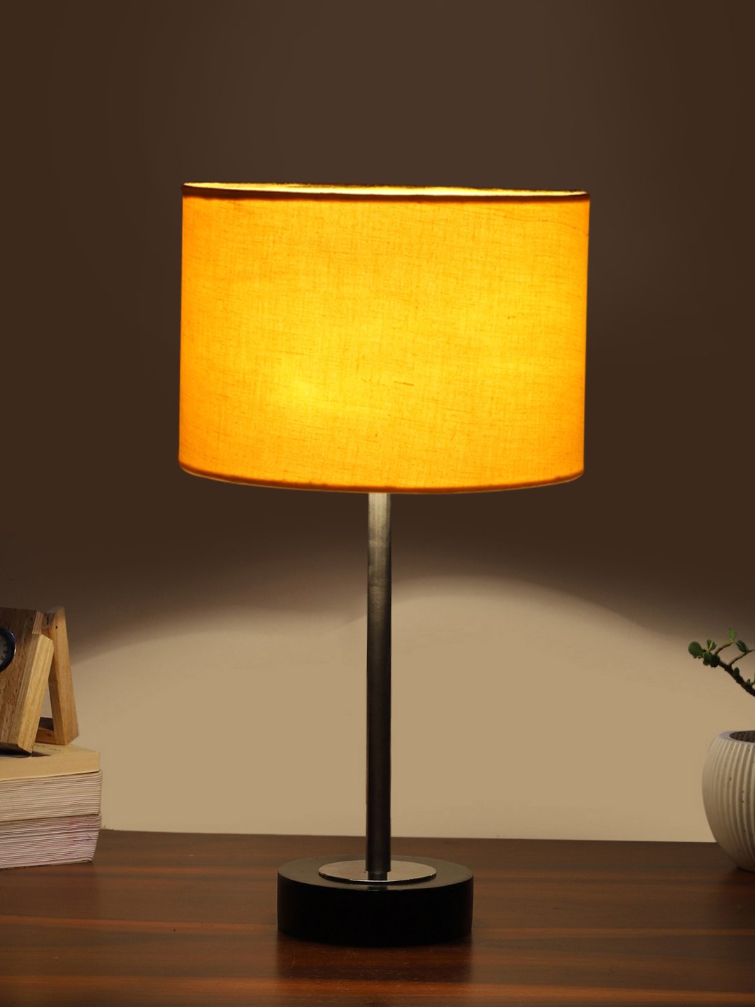 Ambika Home Luxury Premium Devansh Yellow cotton table lamp with Black wood base & Steel Pipe (7X17 inches)-6 Lamp with Yellow Shade for Living Room, Bedroom & Hallway - Image 3