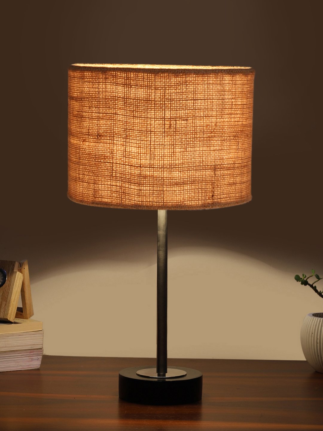 Ambika Home Luxury Premium Devansh Beige Jute table lamp with Black wood base & Steel Pipe (7X17 inches)-9 Lamp with Beige Shade for Living Room, Bedroom & Hallway - Image 3
