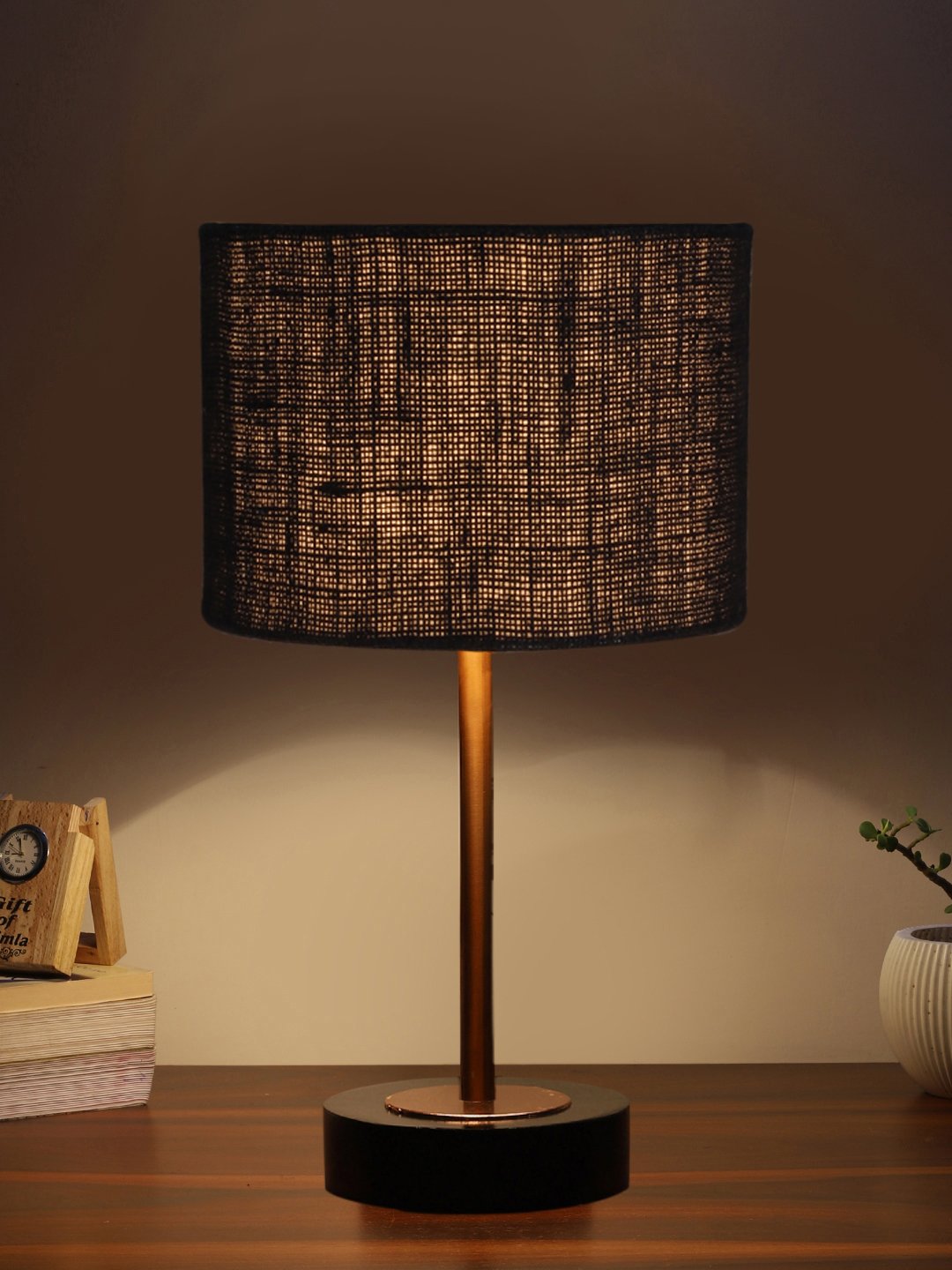 Ambika Home Luxury Premium Devansh Black Jute table lamp with Black wood base & Copper finish Metal (7X17 inches)-17 Lamp with Black Shade for Living Room, Bedroom & Hallway - Image 3