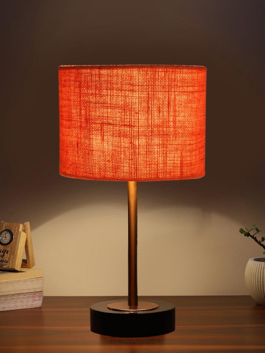 Ambika Home Luxury Premium Devansh Orange Jute table lamp with Black wood base & Copper finish Metal (7X17 inches)-17 Lamp with Orange Shade for Living Room, Bedroom & Hallway - Image 3