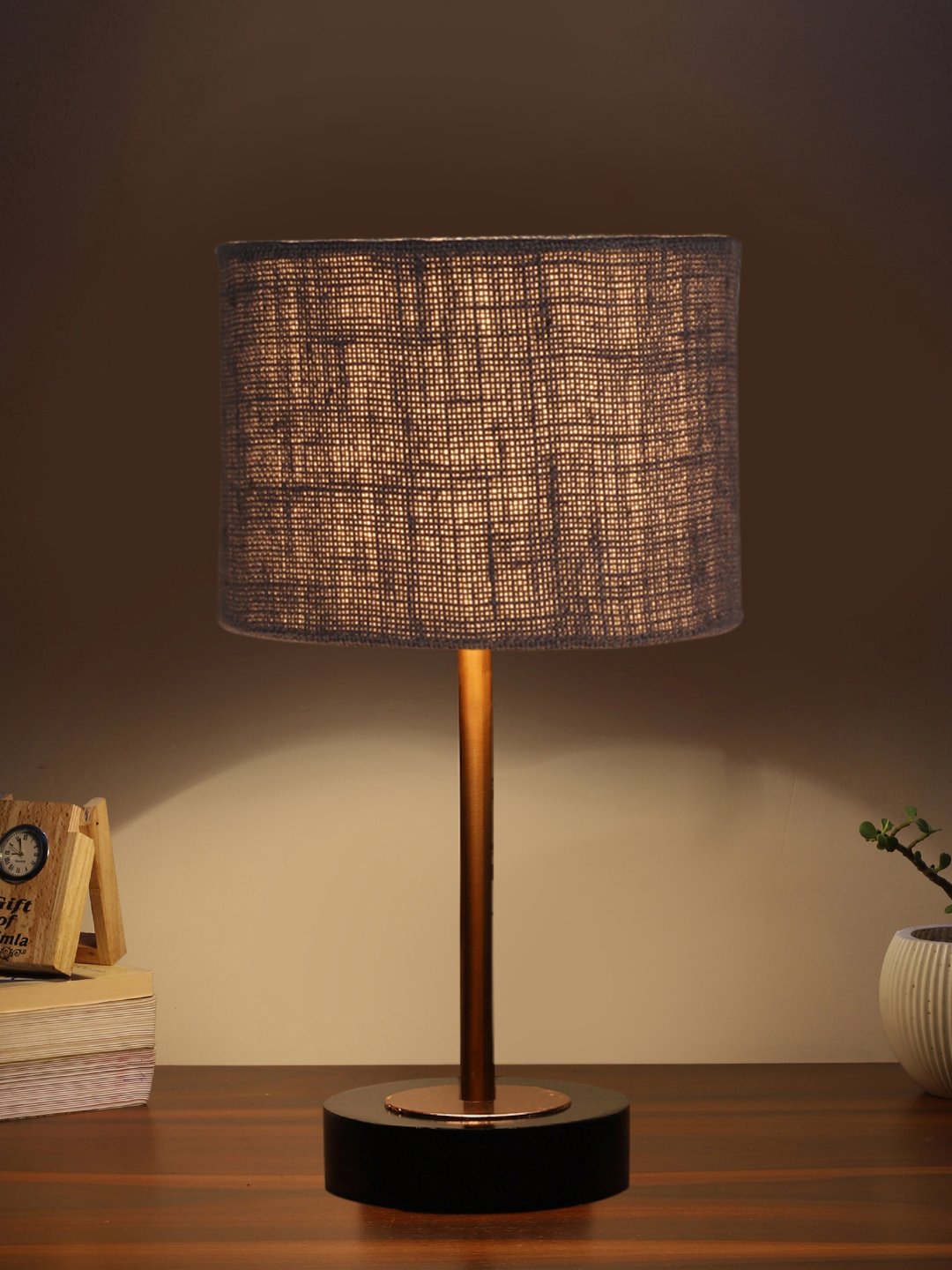 Ambika Home Luxury Premium Devansh Grey Jute table lamp with Black wood base & Copper finish Metal (7X17 inches)-17 Lamp with Grey Shade for Living Room, Bedroom & Hallway - Image 3