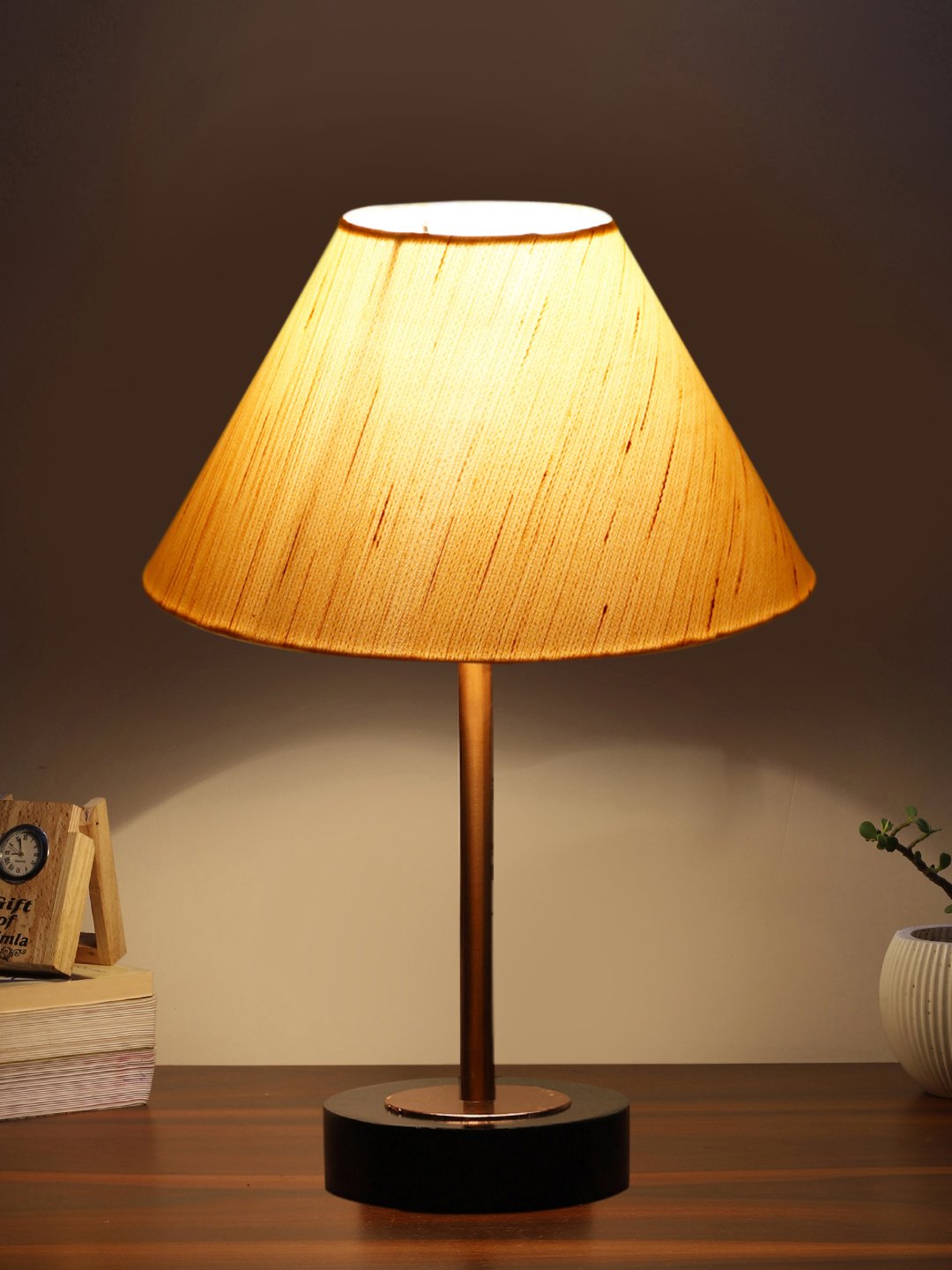 Ambika Home Luxury Premium Devansh off white cotton table lamp with Black wood base & Copper finish Metal (10X16.25 inches)-27 Lamp with off-white Shade for Living Room, Bedroom & Hallway - Image 3