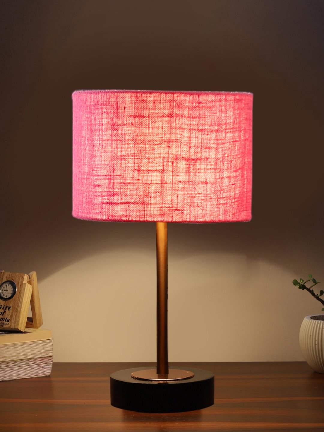 Ambika Home Luxury Premium Devansh Pink Jute table lamp with Black wood base & Copper finish Metal (7X17 inches)-11 Lamp with Pink Shade for Living Room, Bedroom & Hallway - Image 3