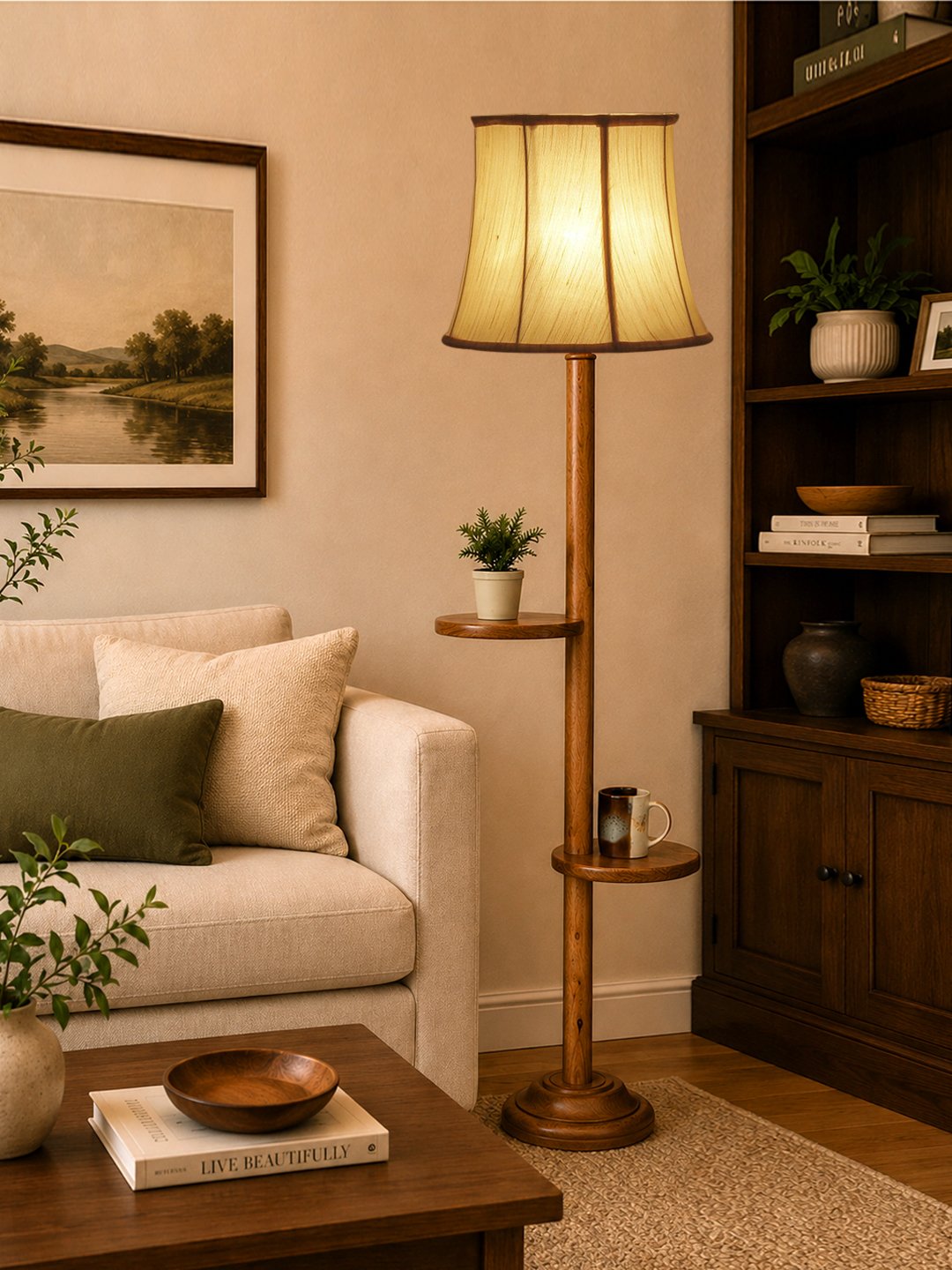 Ambika Home Soft back off-white cotton shade with Double Shelf floor Lamp Modern Floor Lamp | Off-white Cotton Shade, Wood Base | Luxury Living Room, Bedroom & Home Decor Lighting - Image 3