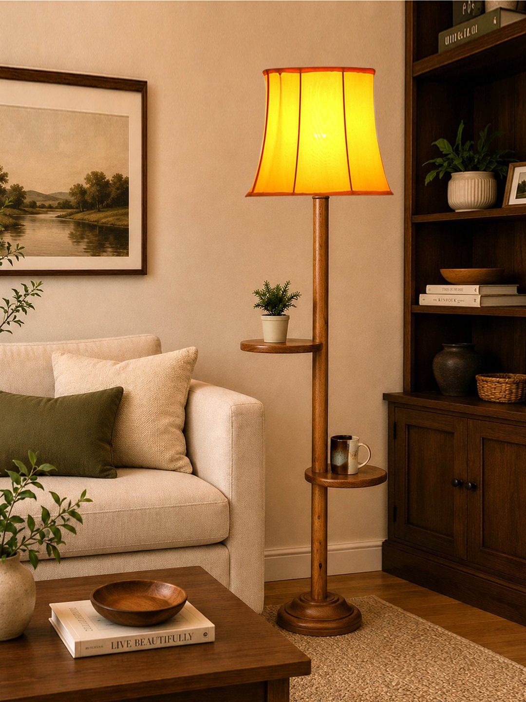 Ambika Home Soft back Orange cotton shade with Double Shelf floor Lamp Modern Floor Lamp | Orange Cotton Shade, Wood Base | Luxury Living Room, Bedroom & Home Decor Lighting - Image 3