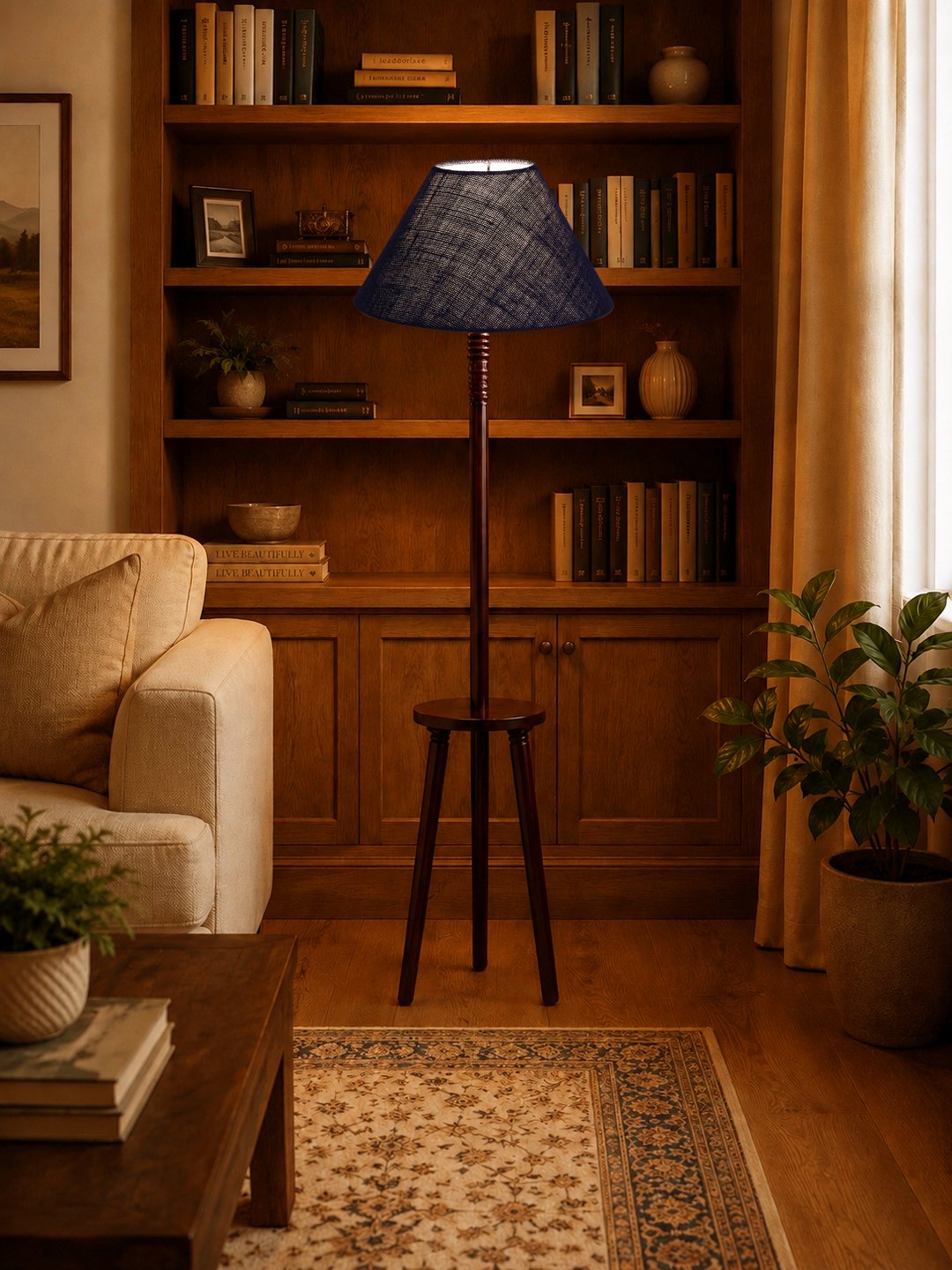 Premium Blue Jute Shade Floor Lamp with Wooden Shelf Stand for Living Room, Bedroom & Reading Corner | Modern Decorative Standing Lamp | Solid Wood Base | Elegant Home Lighting - Image 4