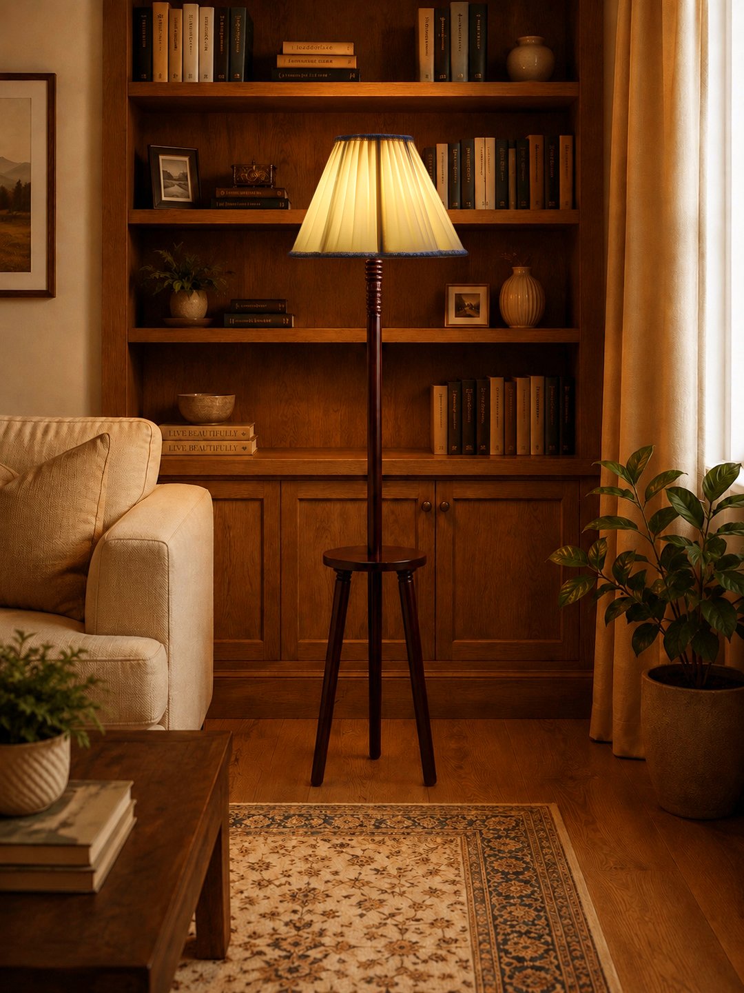 Premium Off-white Cotton Shade Floor Lamp with Wooden Shelf Stand for Living Room, Bedroom & Reading Corner | Modern Decorative Standing Lamp | Solid Wood Base | Elegant Home Lighting - Image 4