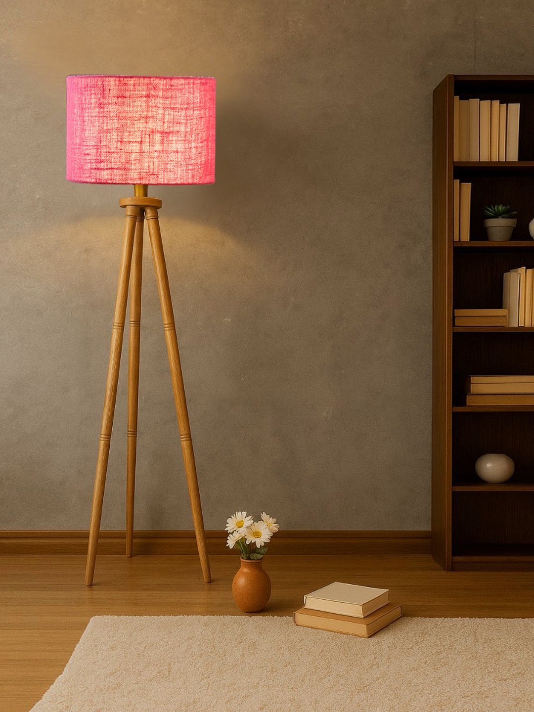 Ambika Home Designer Pink Wooden Natural Tripod Floor Light for Living Space & Hotels | E27 Holder Included Bulb - Image 3