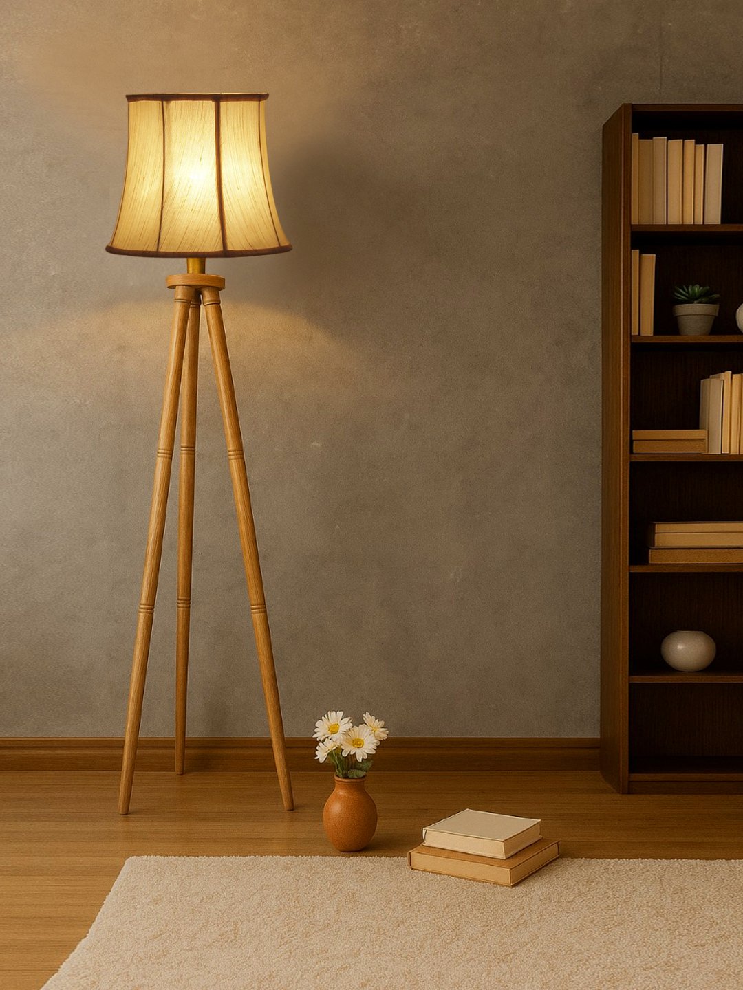 Ambika Home Premium Off-white Fabric Shade Floor Lamp for Hallway & Guest Room | Wooden Natural Tripod Stand | E27 Holder Included Bulb - Image 3