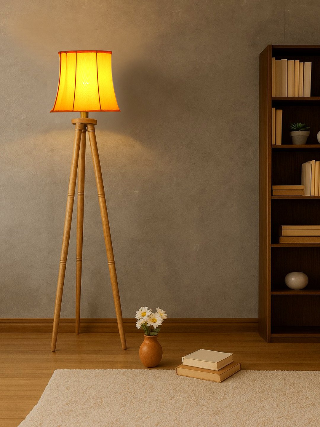 Ambika Home Designer Yellow Wooden Natural Tripod Floor Light for Living Space & Hotels | E27 Holder Included Bulb - Image 3