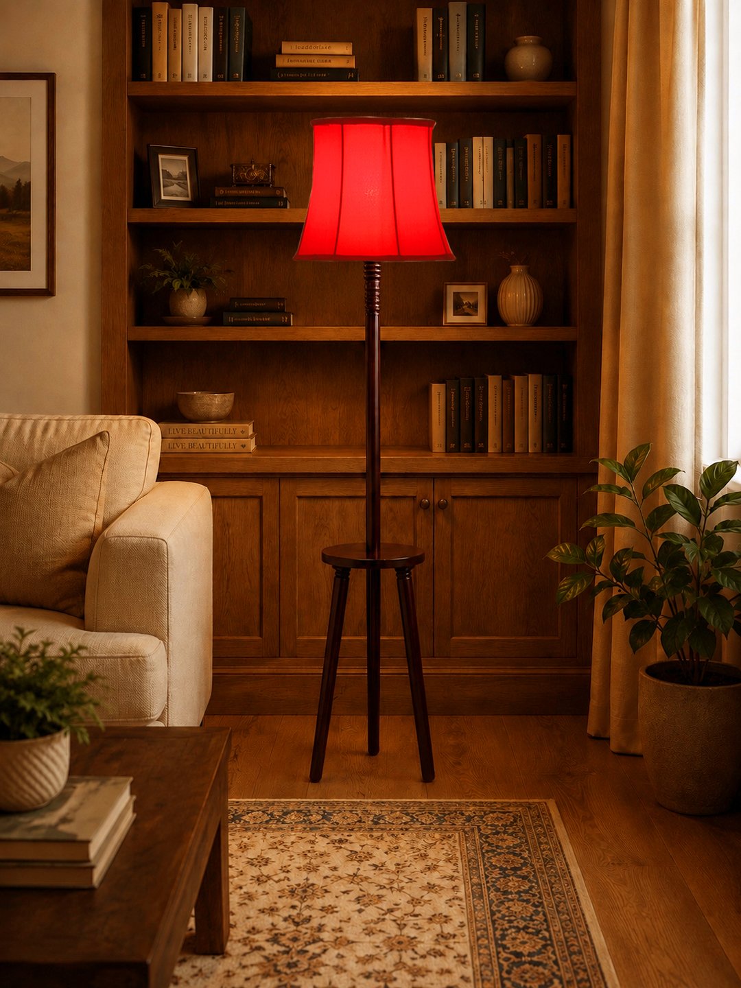 Premium Red Cotton Shade Floor Lamp with Wooden Shelf Stand for Living Room, Bedroom & Reading Corner | Modern Decorative Standing Lamp | Solid Wood Base | Elegant Home Lighting - Image 4