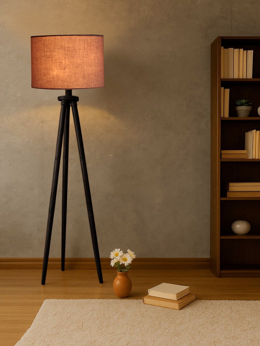 Ambika Home Grey Shade Wooden Tripod Floor Lamp for Living Room, Bedroom & Hotel Decor | E27 Holder Included Bulb - Image 3