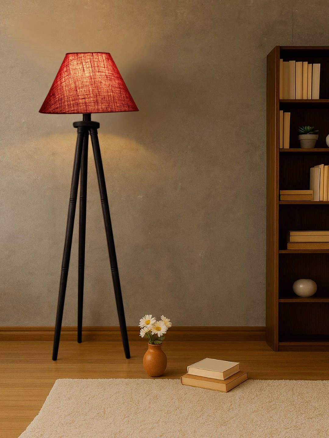 Ambika Home Maroon Shade Wooden Tripod Floor Lamp for Living Room, Bedroom & Hotel Decor | E27 Holder Included Bulb - Image 3